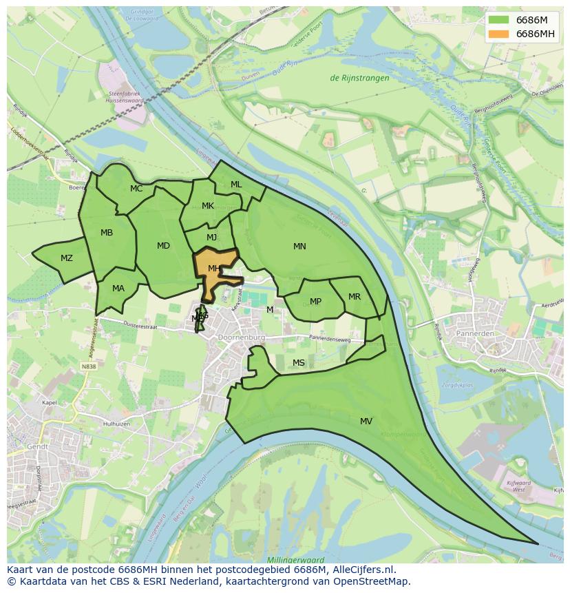 Afbeelding van het postcodegebied 6686 MH op de kaart.