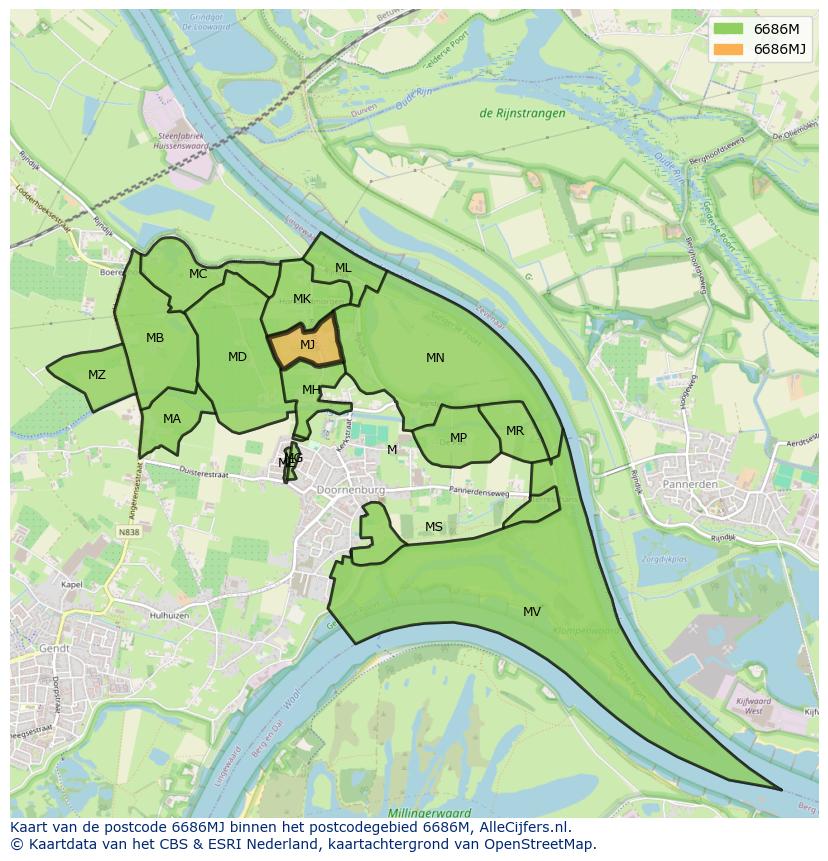 Afbeelding van het postcodegebied 6686 MJ op de kaart.