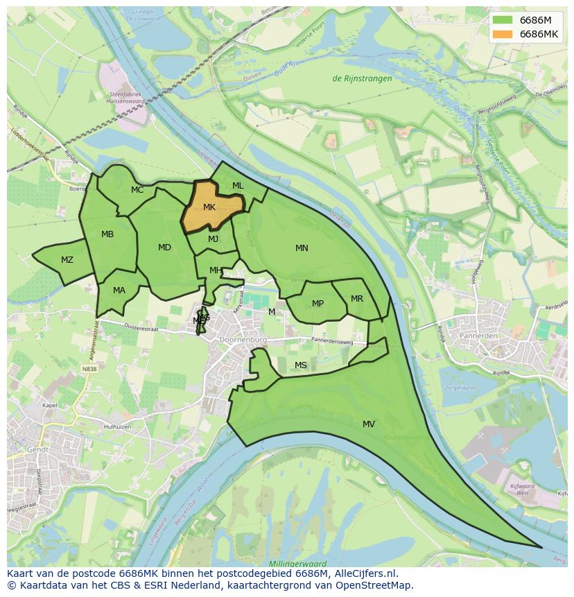 Afbeelding van het postcodegebied 6686 MK op de kaart.