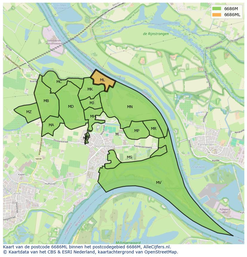 Afbeelding van het postcodegebied 6686 ML op de kaart.