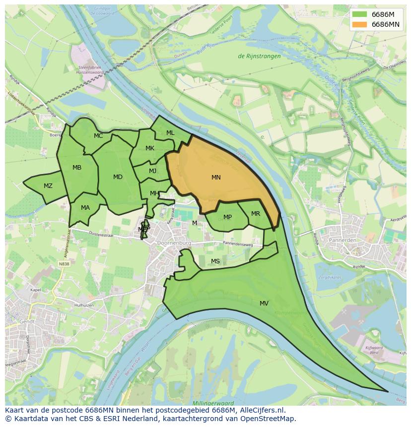Afbeelding van het postcodegebied 6686 MN op de kaart.