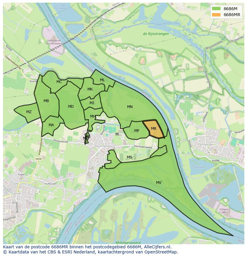 Afbeelding van het postcodegebied 6686 MR op de kaart.