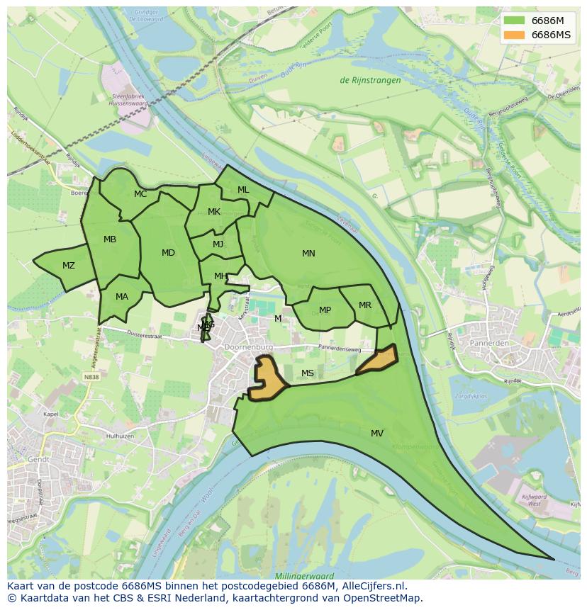 Afbeelding van het postcodegebied 6686 MS op de kaart.
