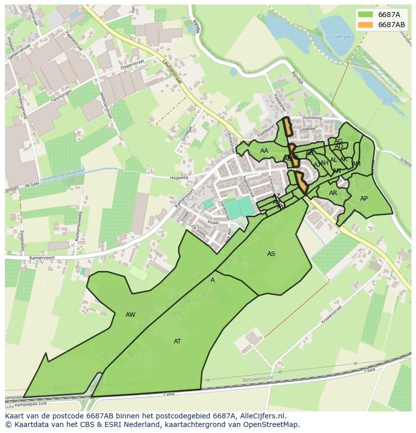 Afbeelding van het postcodegebied 6687 AB op de kaart.