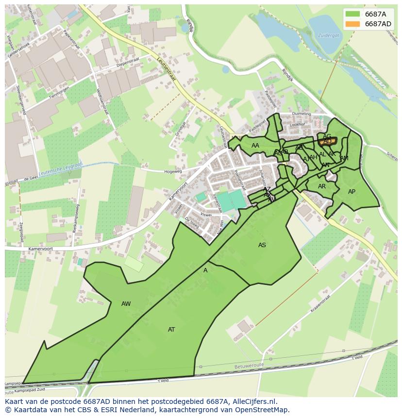 Afbeelding van het postcodegebied 6687 AD op de kaart.