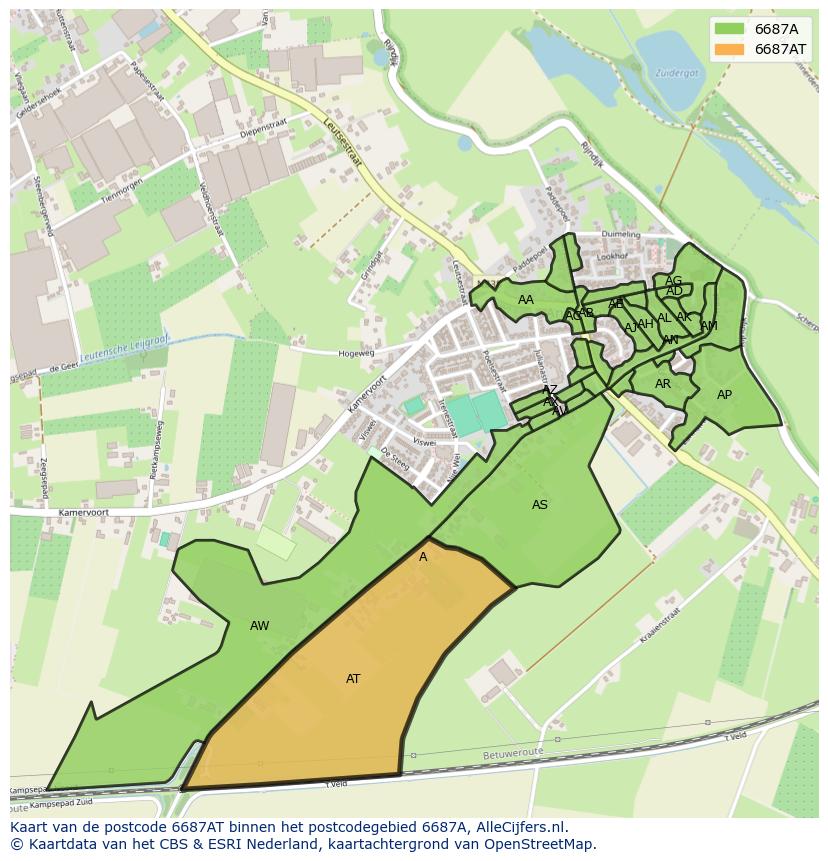 Afbeelding van het postcodegebied 6687 AT op de kaart.