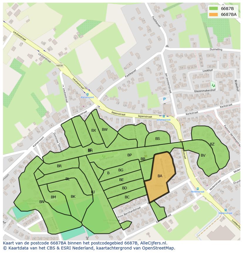 Afbeelding van het postcodegebied 6687 BA op de kaart.