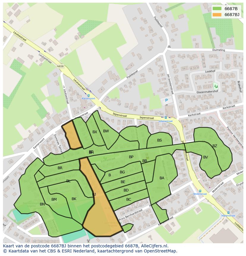 Afbeelding van het postcodegebied 6687 BJ op de kaart.