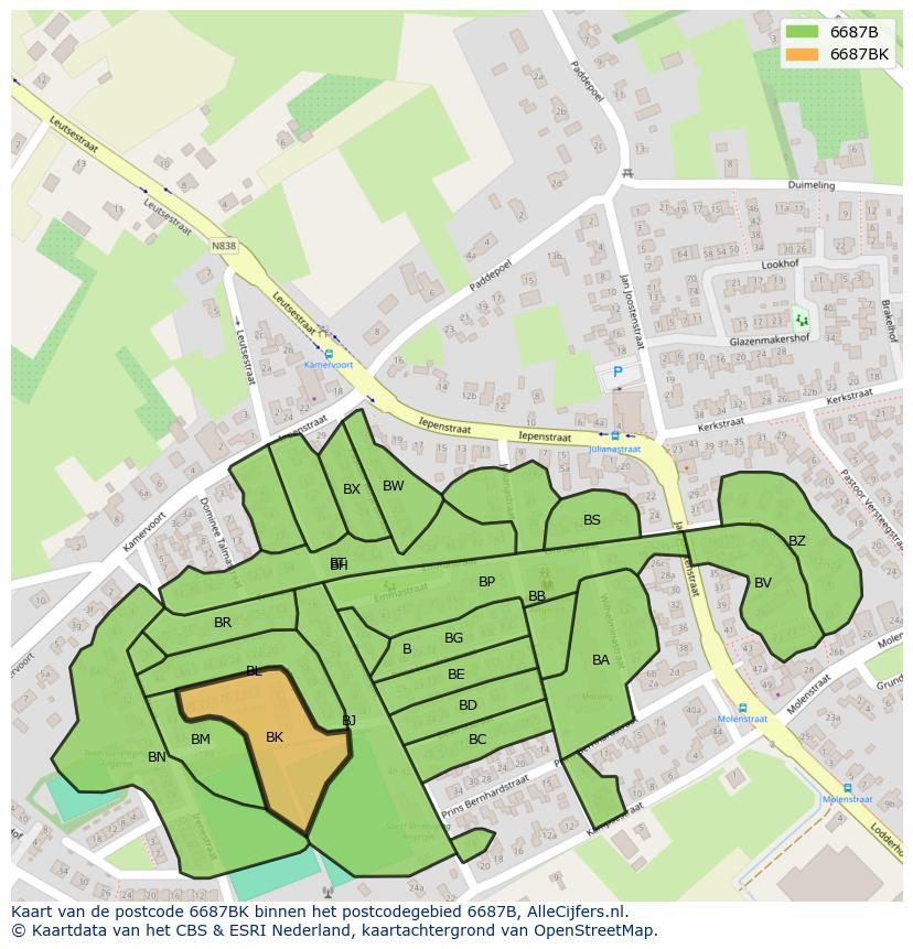 Afbeelding van het postcodegebied 6687 BK op de kaart.