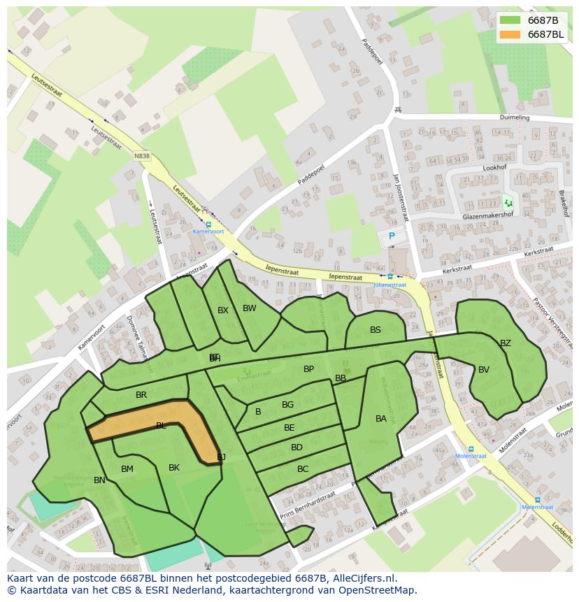 Afbeelding van het postcodegebied 6687 BL op de kaart.