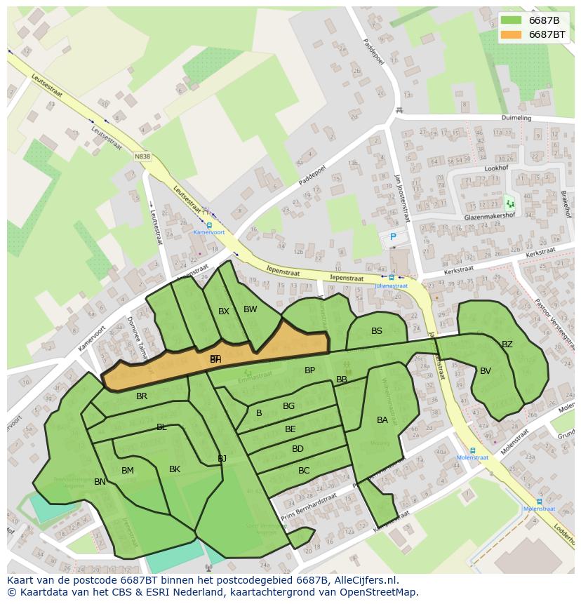 Afbeelding van het postcodegebied 6687 BT op de kaart.