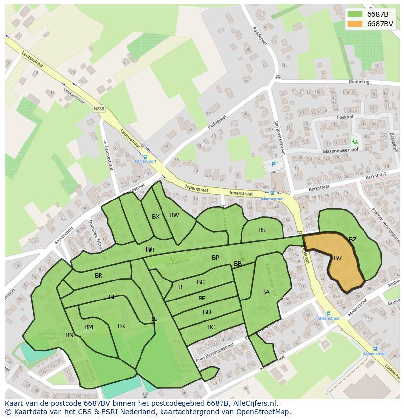 Afbeelding van het postcodegebied 6687 BV op de kaart.