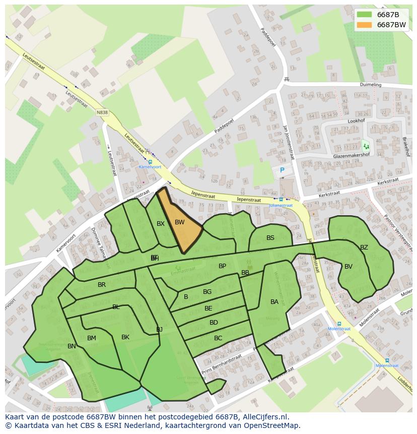 Afbeelding van het postcodegebied 6687 BW op de kaart.