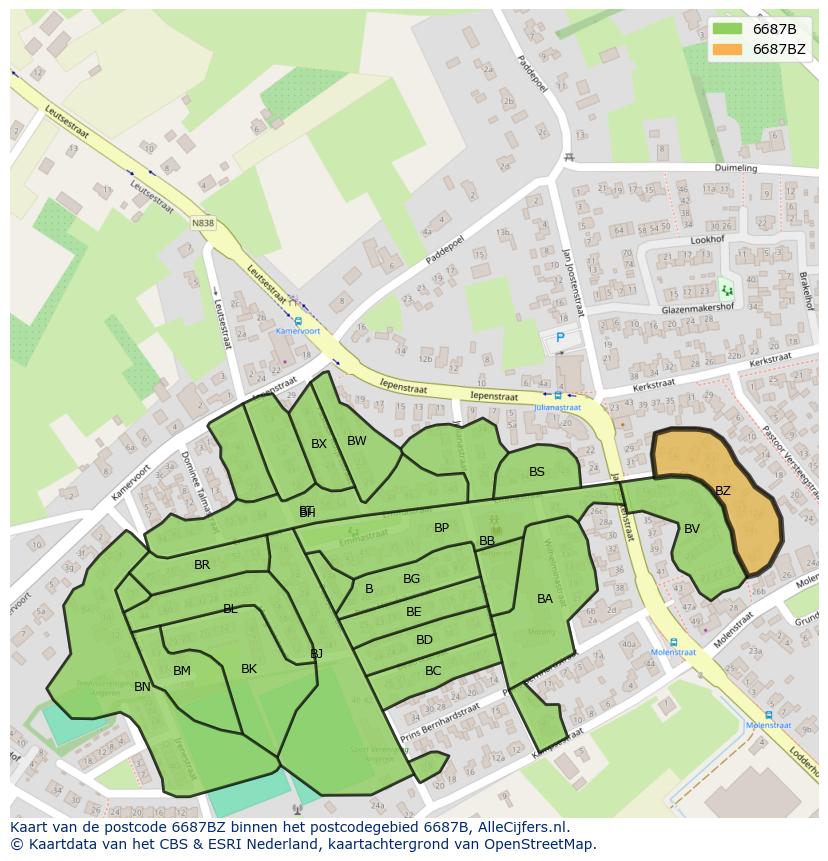 Afbeelding van het postcodegebied 6687 BZ op de kaart.