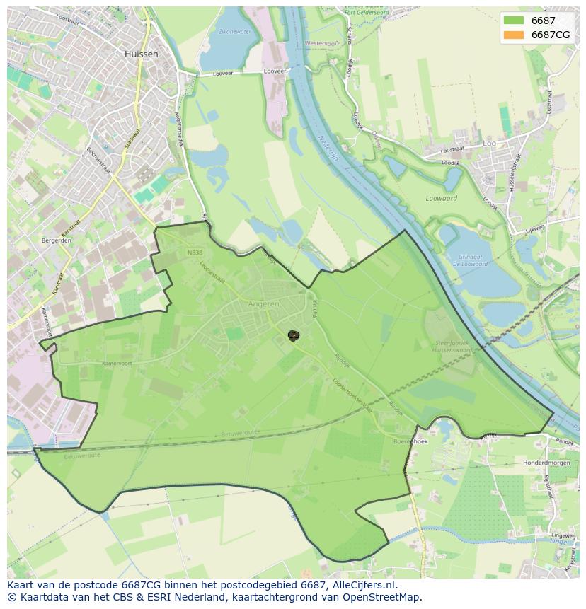 Afbeelding van het postcodegebied 6687 CG op de kaart.