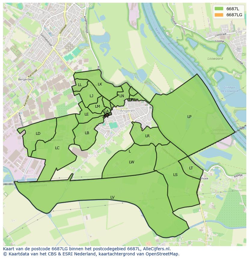 Afbeelding van het postcodegebied 6687 LG op de kaart.