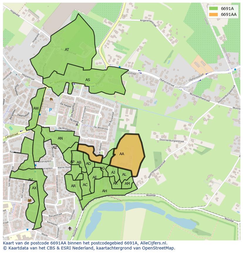 Afbeelding van het postcodegebied 6691 AA op de kaart.