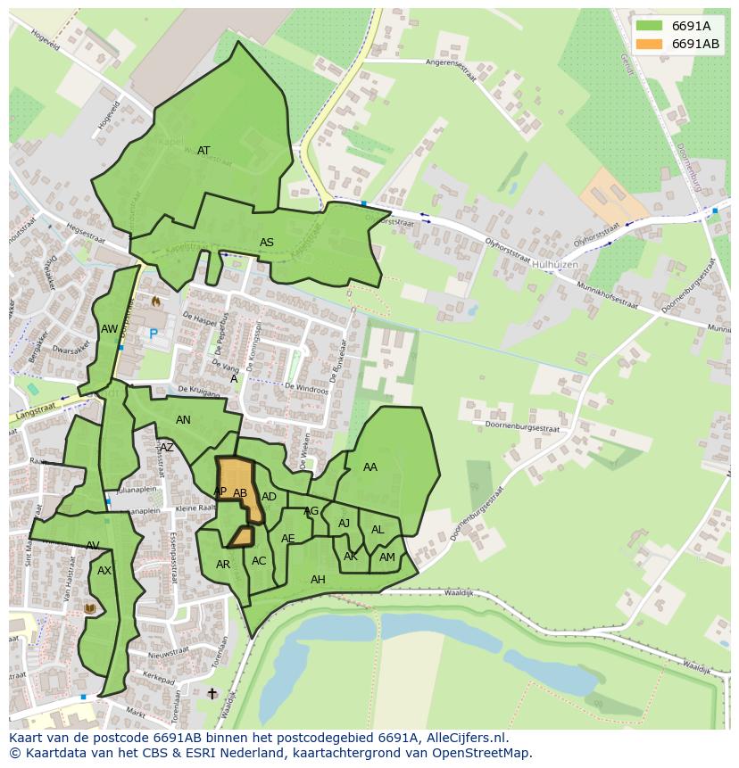 Afbeelding van het postcodegebied 6691 AB op de kaart.