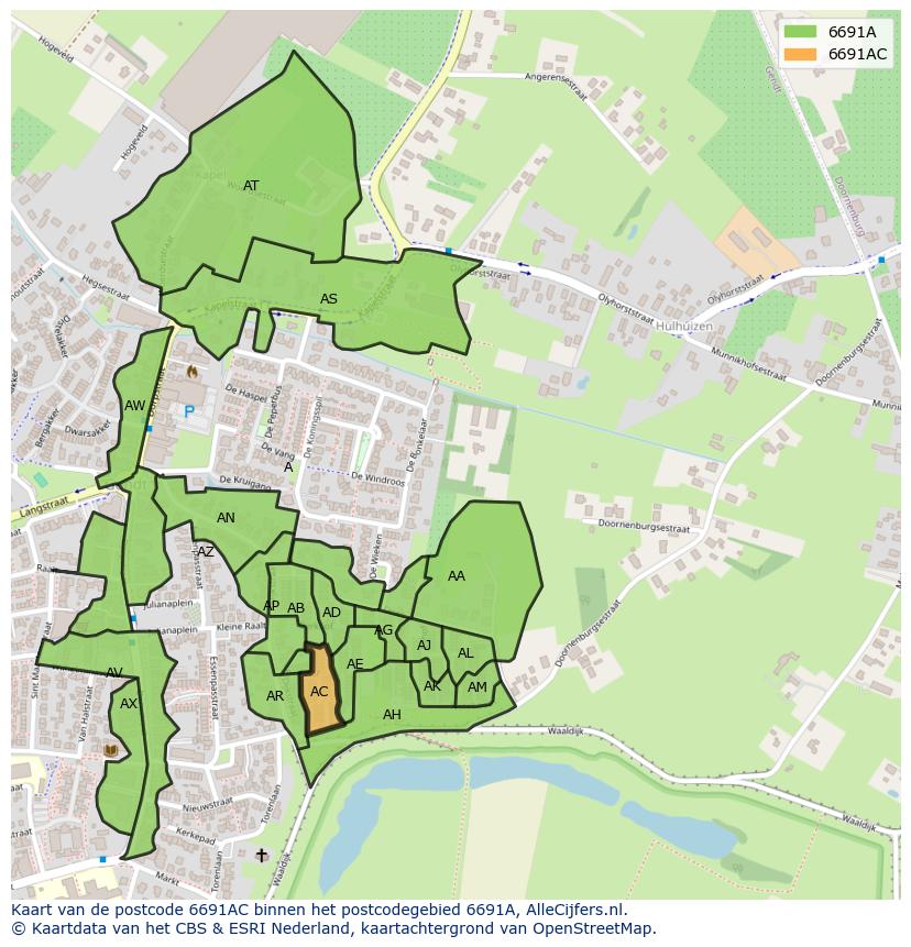 Afbeelding van het postcodegebied 6691 AC op de kaart.