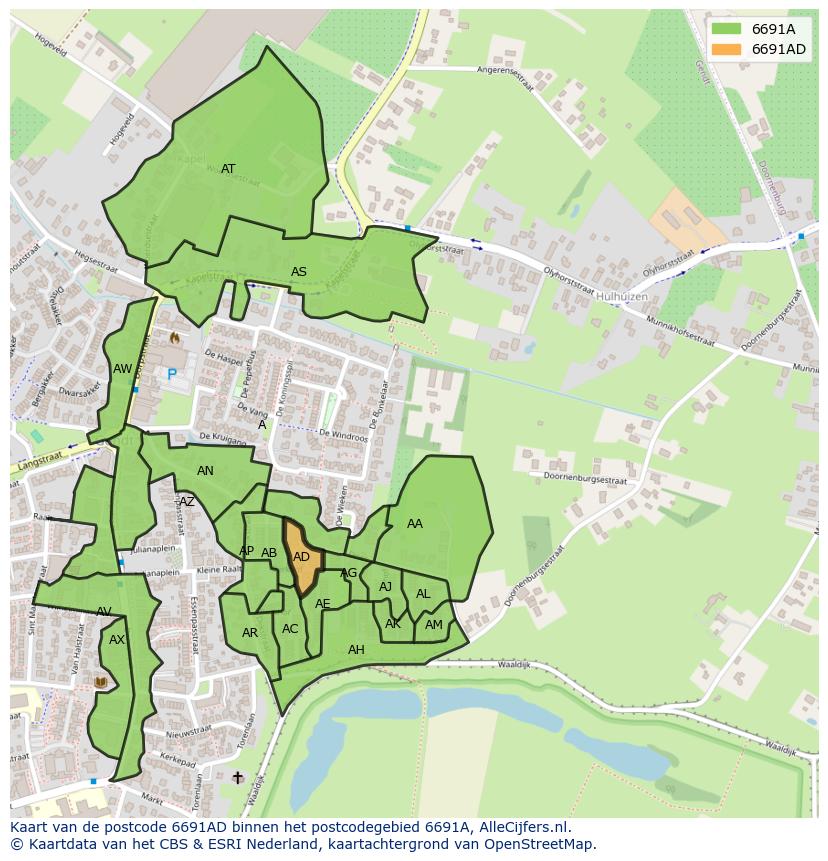 Afbeelding van het postcodegebied 6691 AD op de kaart.
