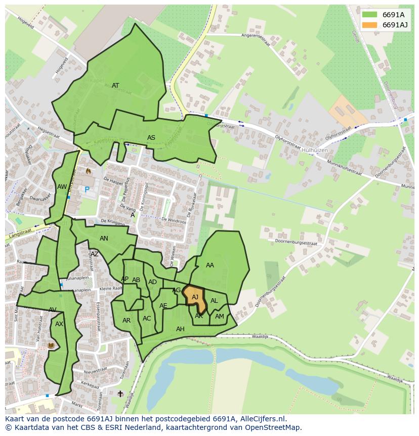 Afbeelding van het postcodegebied 6691 AJ op de kaart.