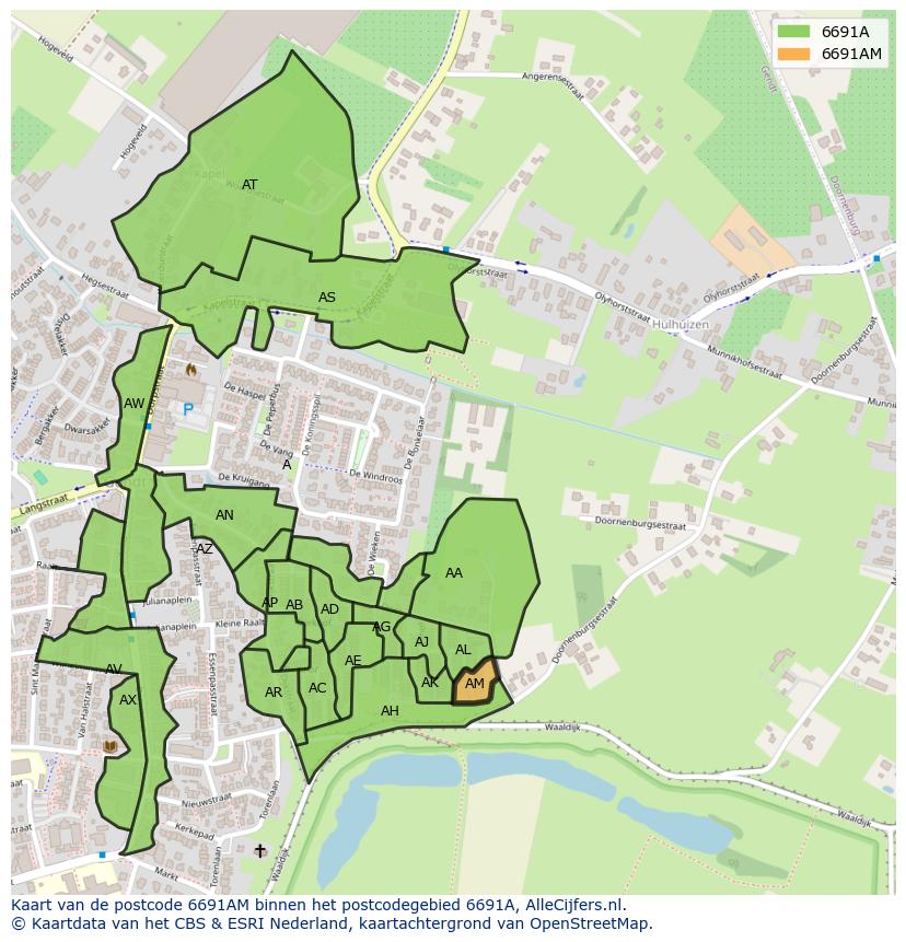 Afbeelding van het postcodegebied 6691 AM op de kaart.