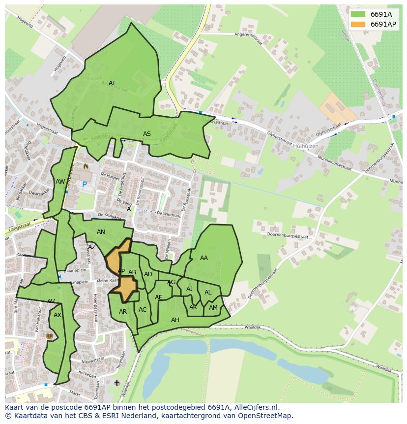 Afbeelding van het postcodegebied 6691 AP op de kaart.