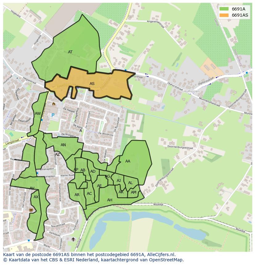 Afbeelding van het postcodegebied 6691 AS op de kaart.
