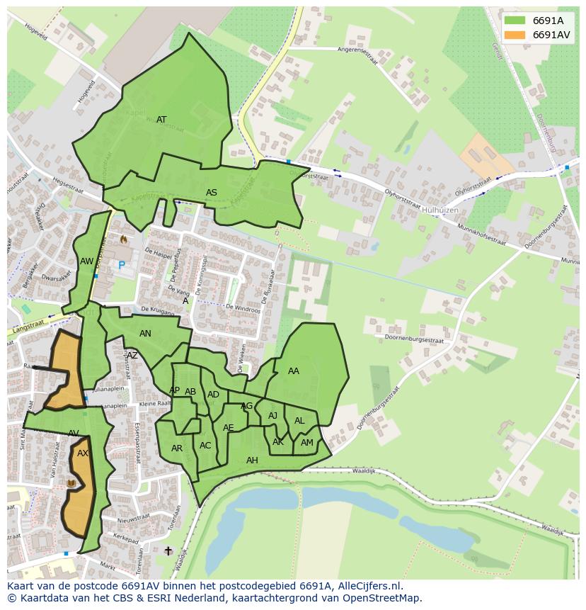 Afbeelding van het postcodegebied 6691 AV op de kaart.