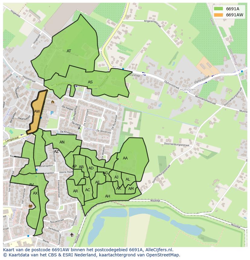 Afbeelding van het postcodegebied 6691 AW op de kaart.