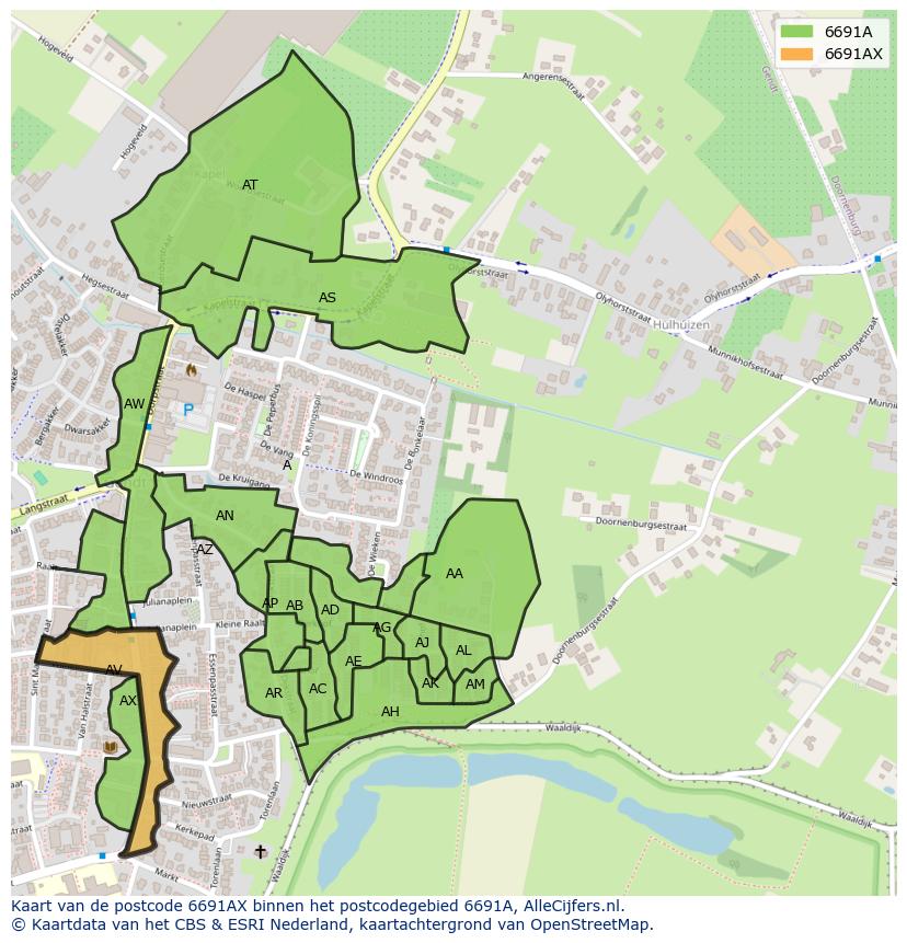 Afbeelding van het postcodegebied 6691 AX op de kaart.