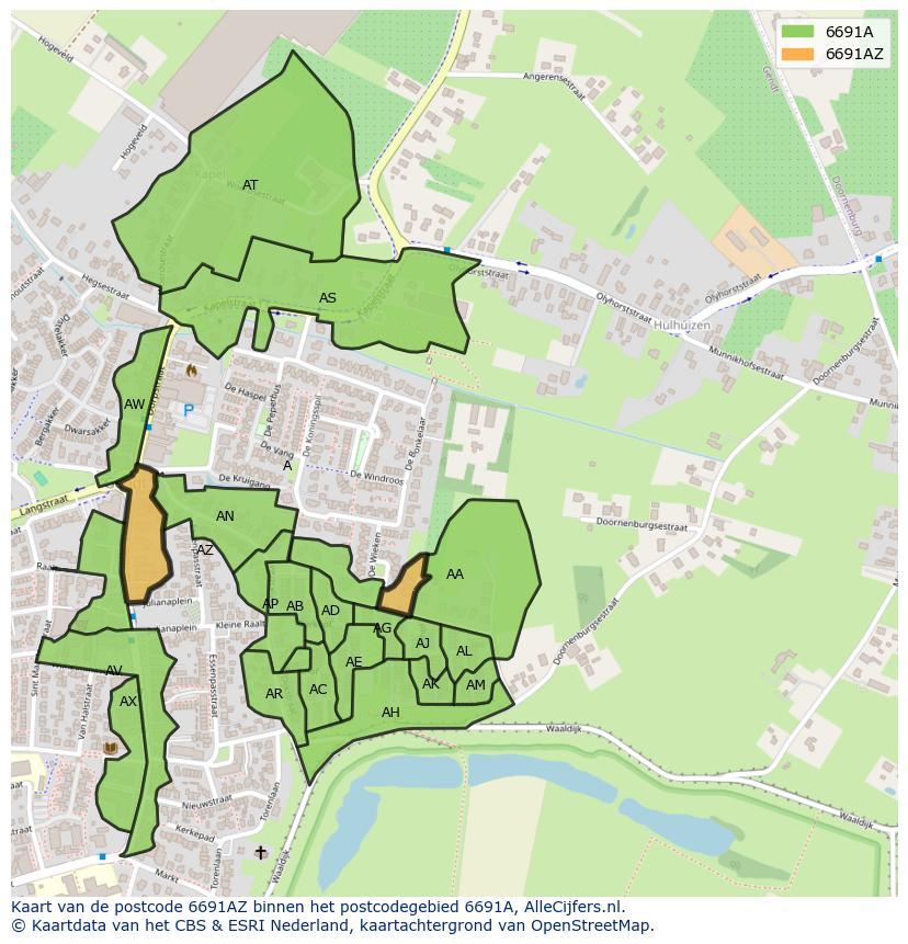 Afbeelding van het postcodegebied 6691 AZ op de kaart.