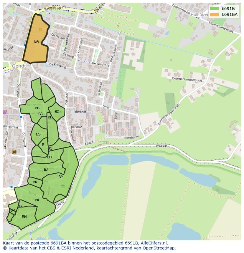 Afbeelding van het postcodegebied 6691 BA op de kaart.