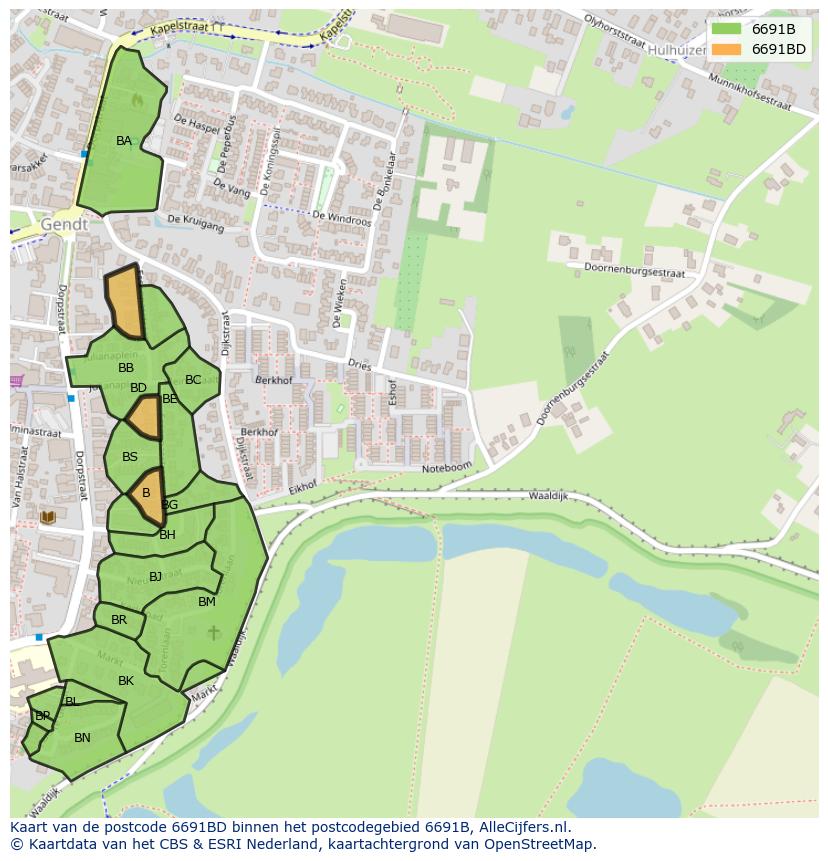 Afbeelding van het postcodegebied 6691 BD op de kaart.