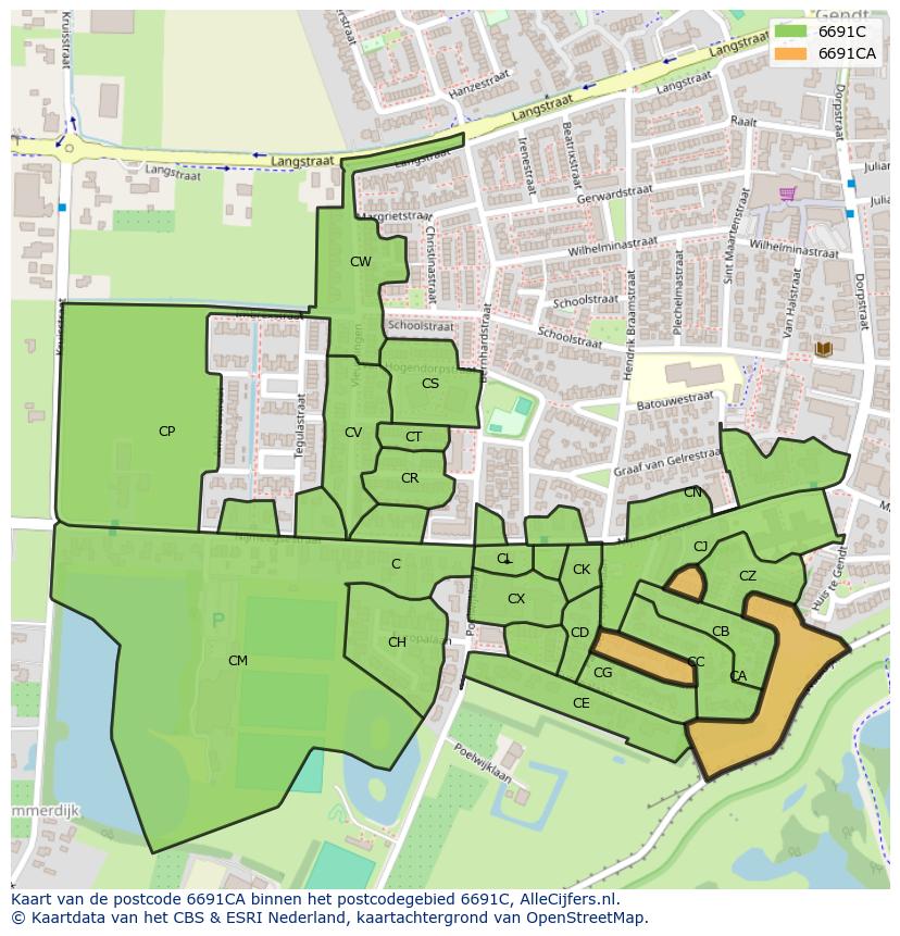 Afbeelding van het postcodegebied 6691 CA op de kaart.