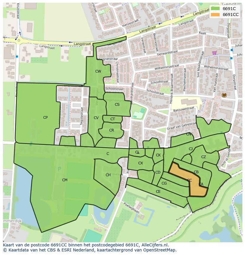 Afbeelding van het postcodegebied 6691 CC op de kaart.