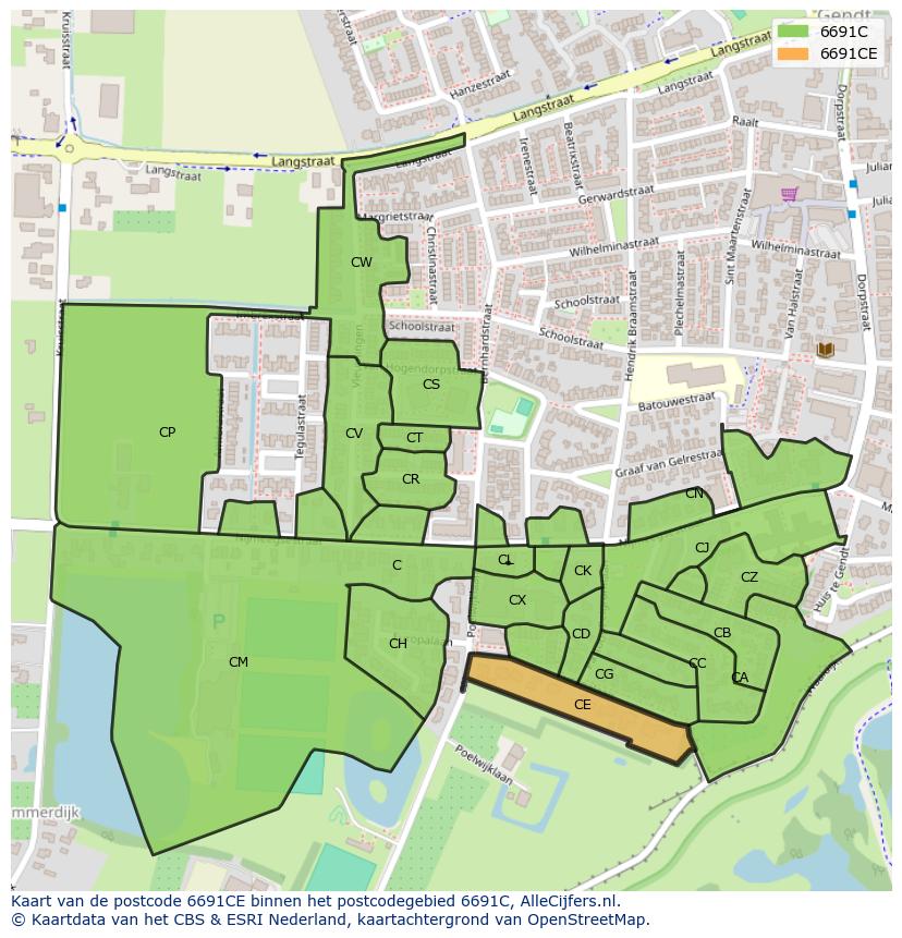 Afbeelding van het postcodegebied 6691 CE op de kaart.