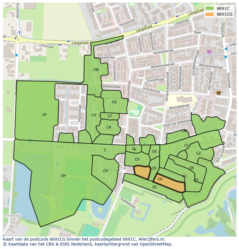 Afbeelding van het postcodegebied 6691 CG op de kaart.
