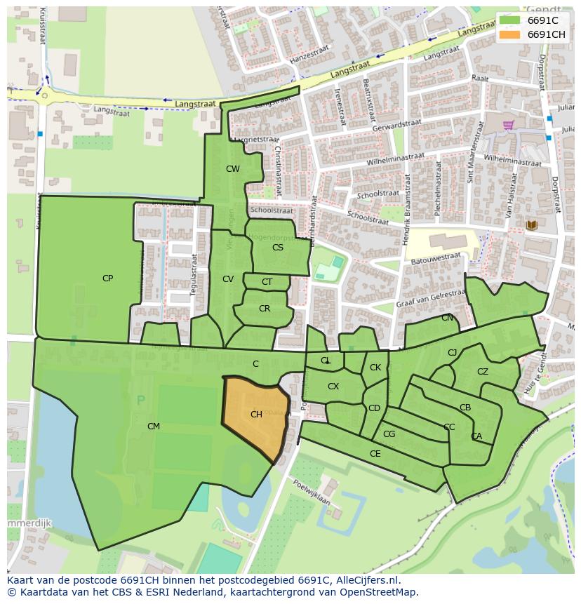 Afbeelding van het postcodegebied 6691 CH op de kaart.