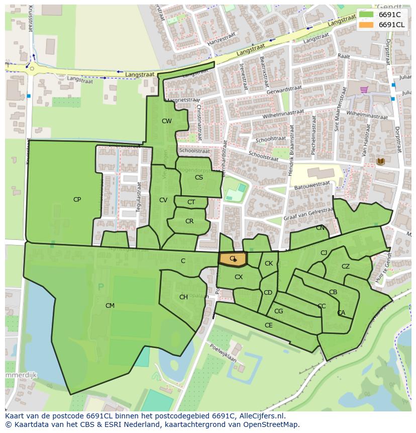 Afbeelding van het postcodegebied 6691 CL op de kaart.