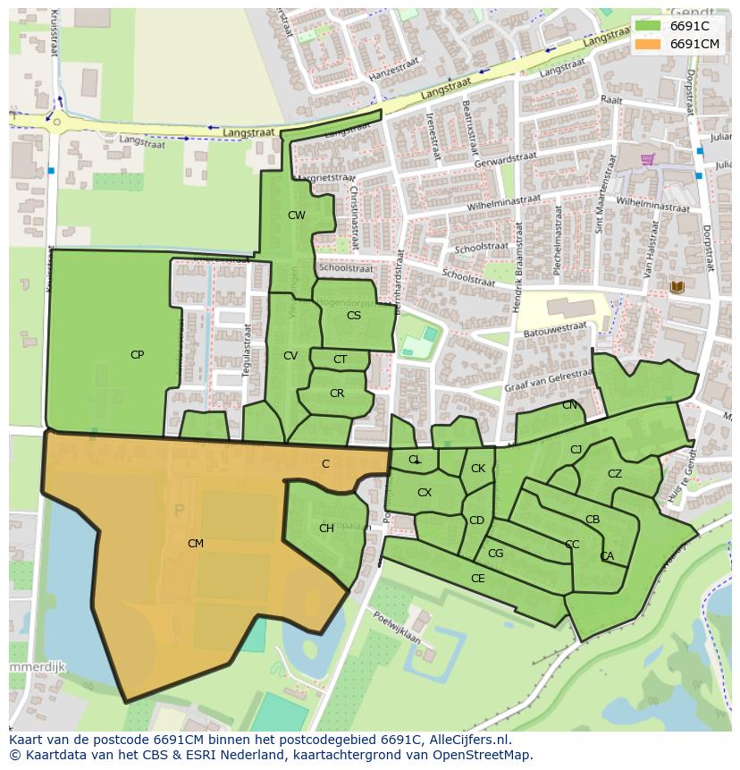 Afbeelding van het postcodegebied 6691 CM op de kaart.