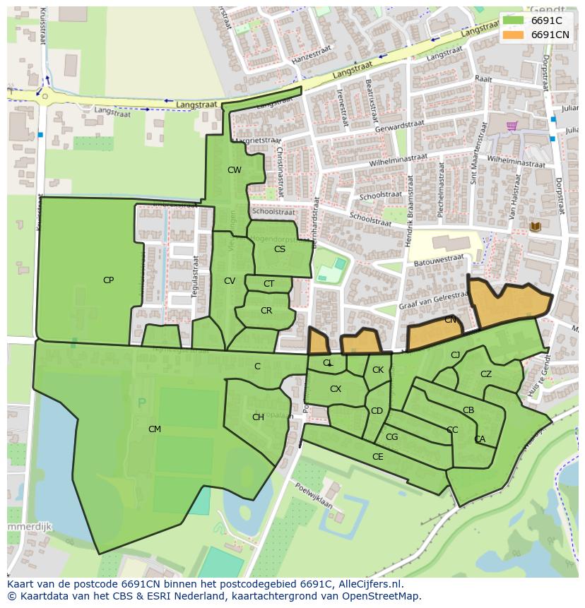 Afbeelding van het postcodegebied 6691 CN op de kaart.