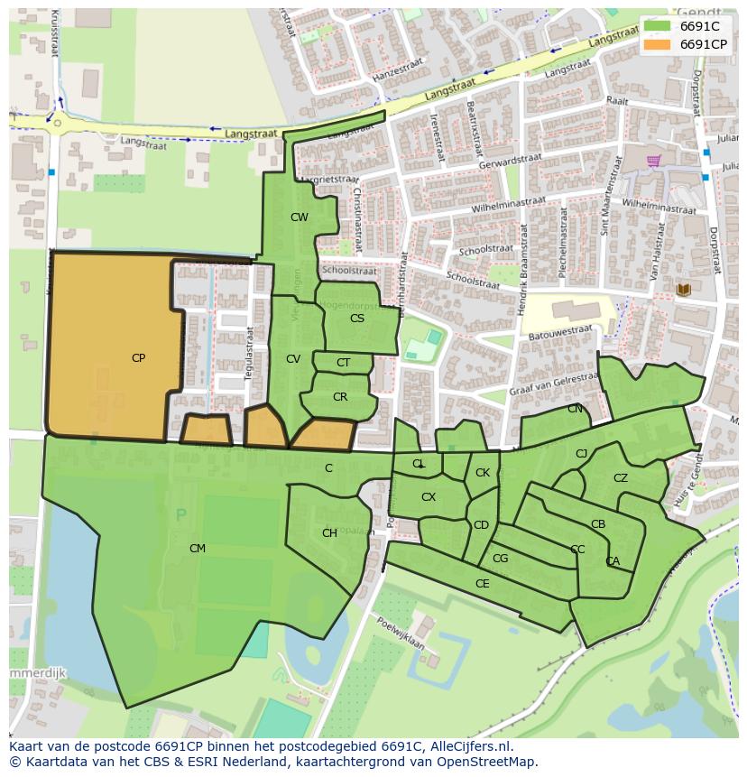 Afbeelding van het postcodegebied 6691 CP op de kaart.