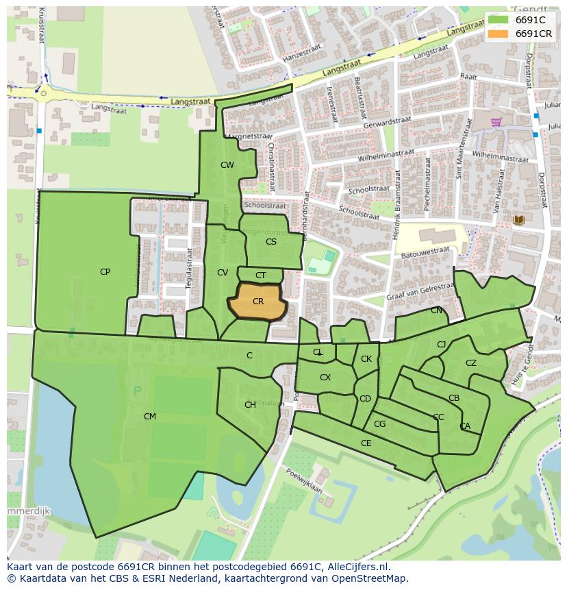 Afbeelding van het postcodegebied 6691 CR op de kaart.