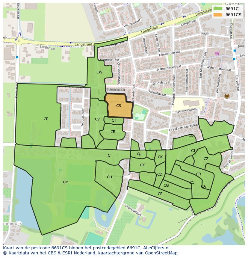 Afbeelding van het postcodegebied 6691 CS op de kaart.
