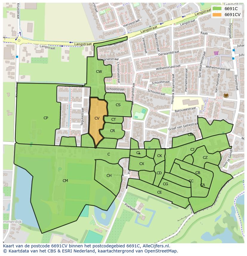 Afbeelding van het postcodegebied 6691 CV op de kaart.