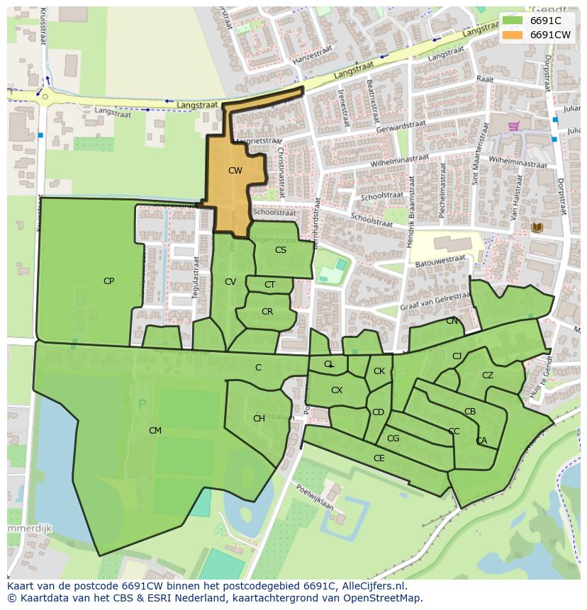 Afbeelding van het postcodegebied 6691 CW op de kaart.