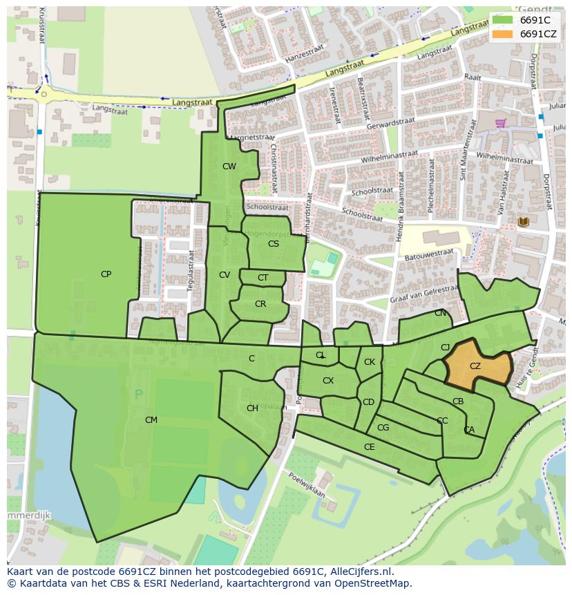 Afbeelding van het postcodegebied 6691 CZ op de kaart.
