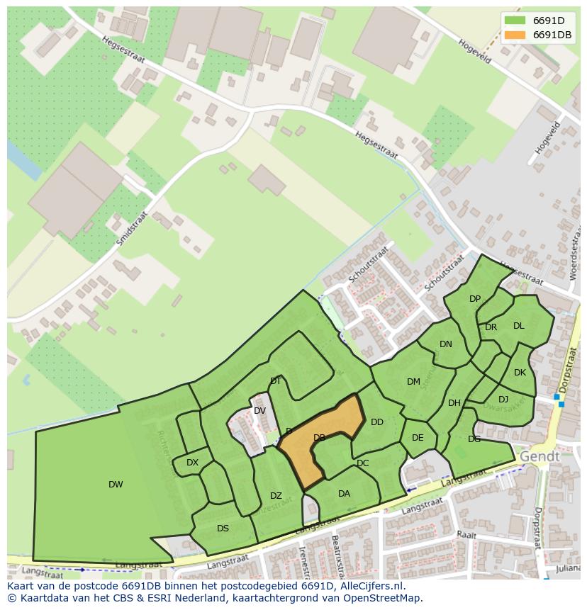 Afbeelding van het postcodegebied 6691 DB op de kaart.