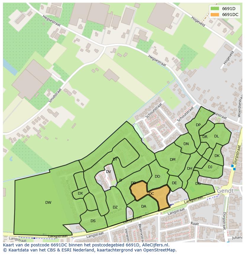 Afbeelding van het postcodegebied 6691 DC op de kaart.